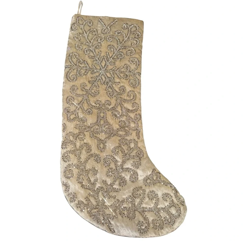 Tahari Home Christmas Stocking Champagne Velvet Beaded Snowflake Scroll 20